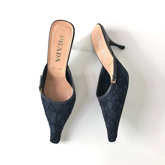 Prada Shoes - Prada Retro Vintage Buckle Lace Detail Pointed Toe Heeled Mules Pumps 39